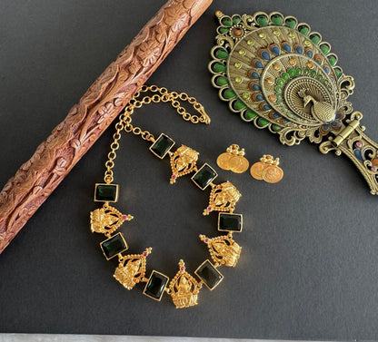 Gold tone pink-green big block stone Lakshmi necklace set dj-52093