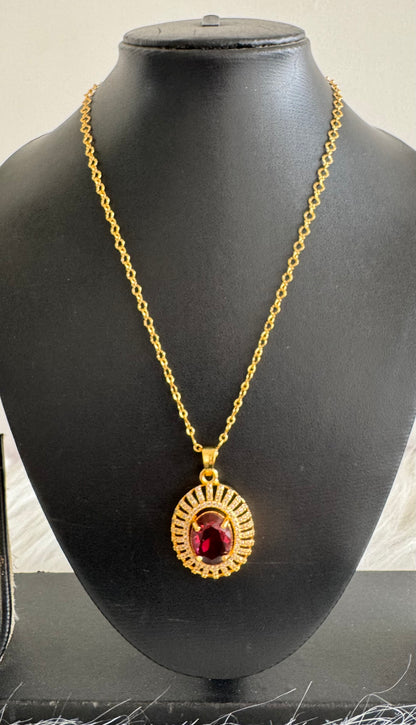 Gold tone 18 inches chain with red oval stone pendant dj-51277