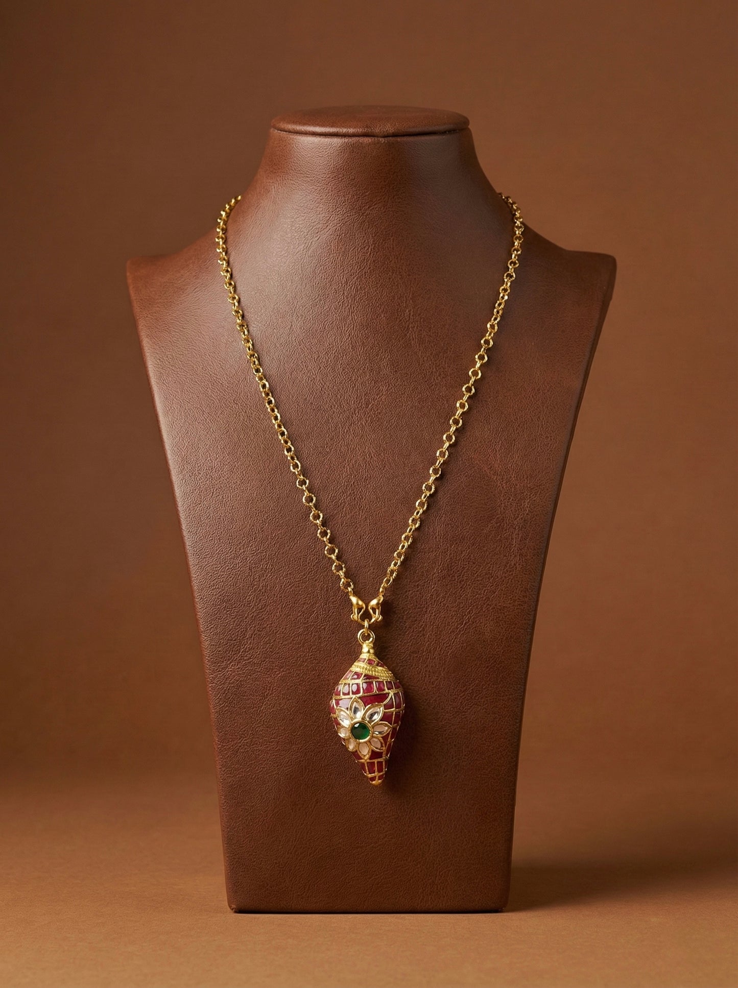 Gold tone pink-green kundan jadau Shanku pendant with 18 inches chain dj-52618