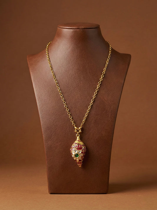 Gold tone pink-green kundan jadau Shanku pendant with 18 inches chain dj-52618