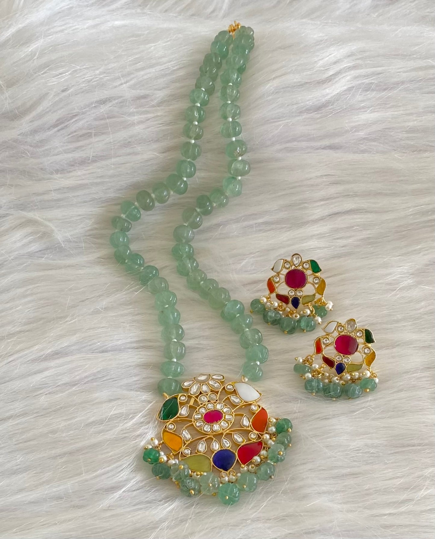 Antique gold  pumpkin green beaded kundan jadau navarathna mid/length necklace set dj-54169