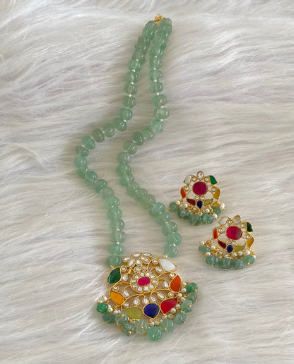 Antique gold  pumpkin green beaded kundan jadau navarathna mid/length necklace set dj-54169