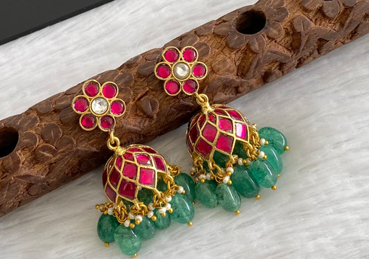 Gold tone pink-white stone kundan jadau jhumkka dj-53585