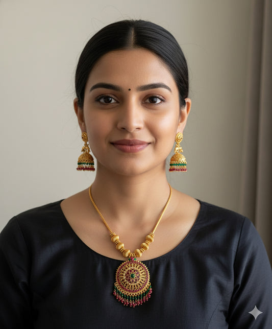 Gold Tone Cz Pink-green Peacock Necklace Set DJ32840