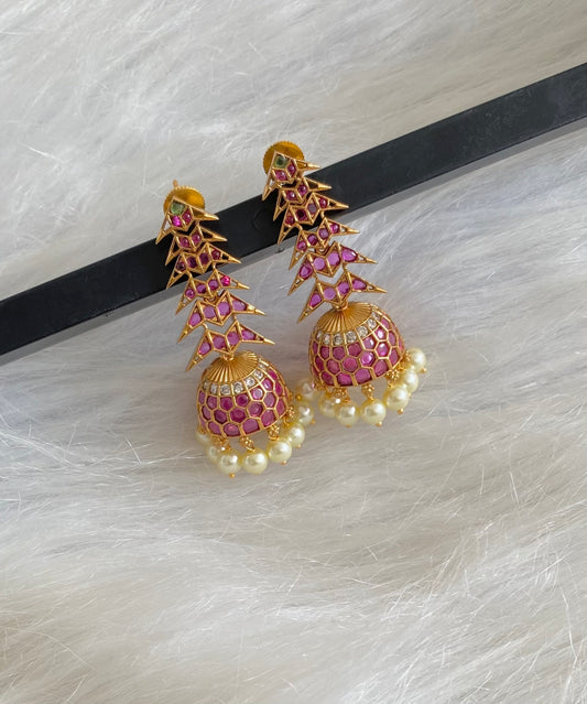 Antique gold tone kemp-green-white stone pearl long jhumkka dj-54637