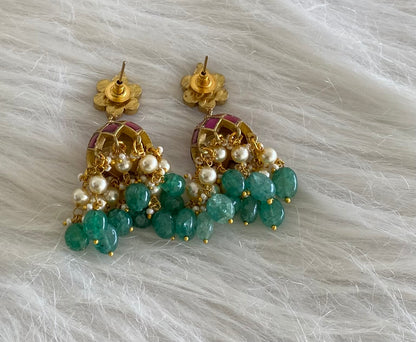 Antique gold tone pink-white stone kundan jadau green beaded pearl jhumkka  dj-54584