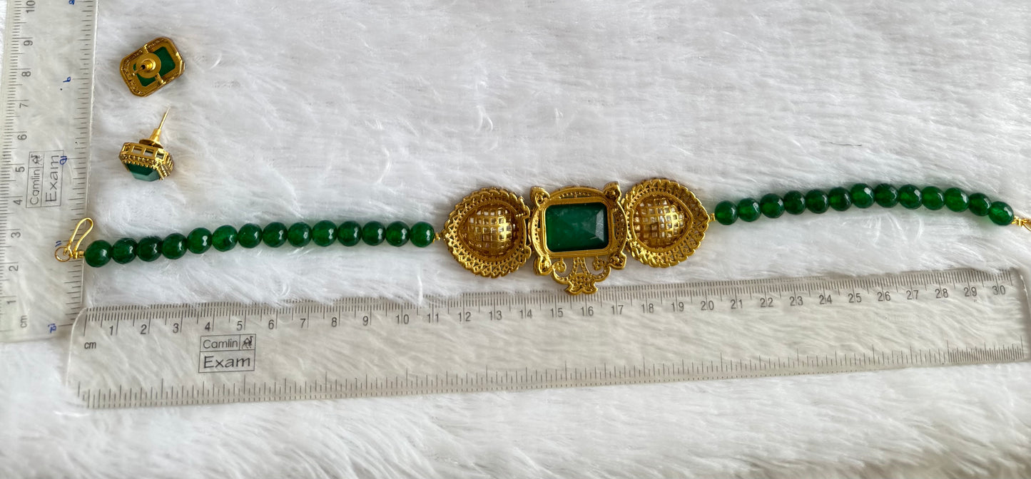 Antique gold tone cz big stone white-bottle green choker necklace set dj-51091