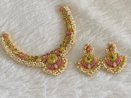 Antique gold tone pink-green-white pearl cluster kundan jadau necklace set dj-54430