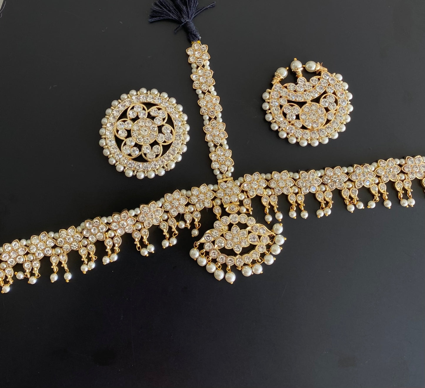 Gold tone AD white stone mango flower pearl with sun moon set tikka dj-54675