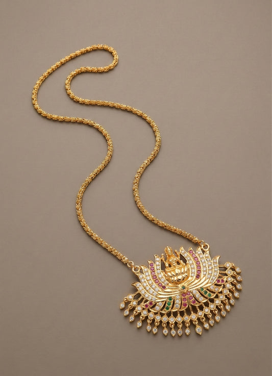 Gold tone ruby-white-green stone Lakshmi Lotus pendant with chain dj-38640