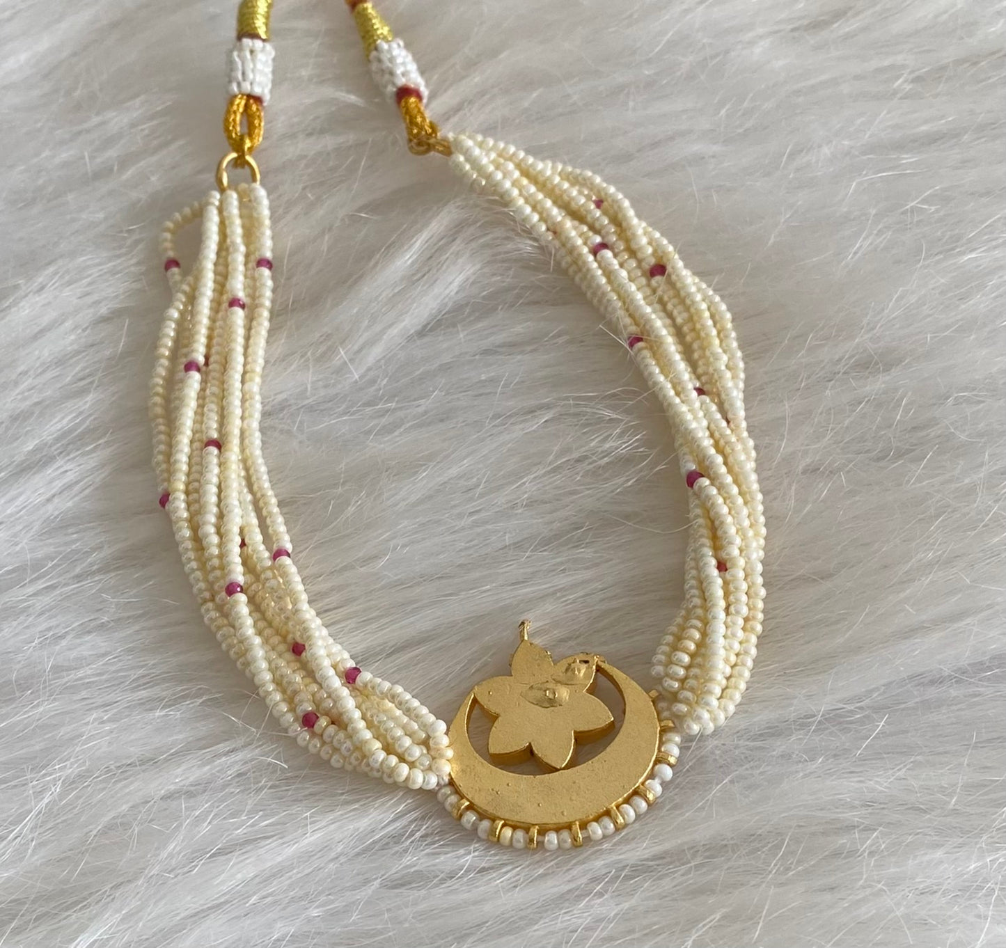 Gold tone pink-green-white moon kundan jadau pearl choker necklace dj-54495