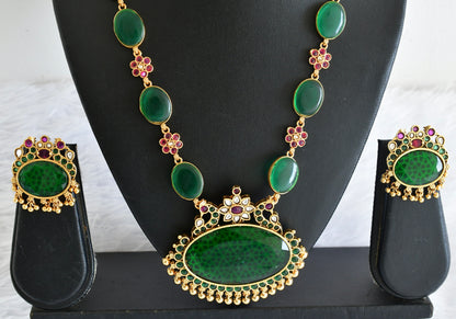 Matte finish kemp-big green oval stone peacock pendant short haar set dj-54009
