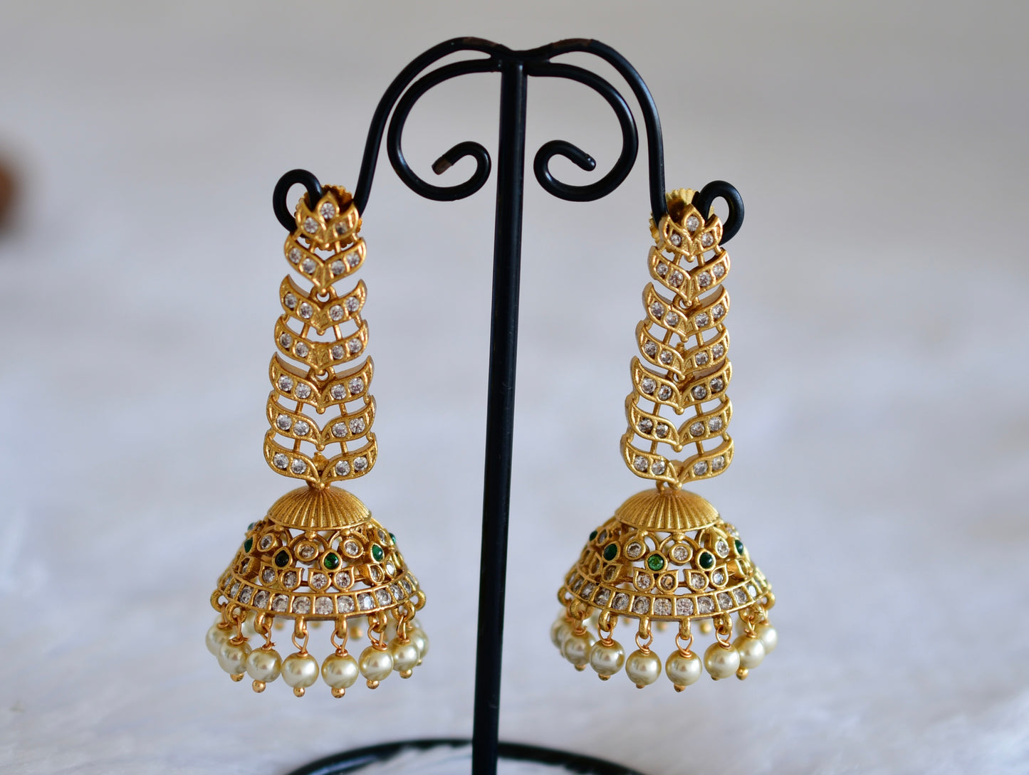 Matte finish cz green pearl long jhumkka dj-52552