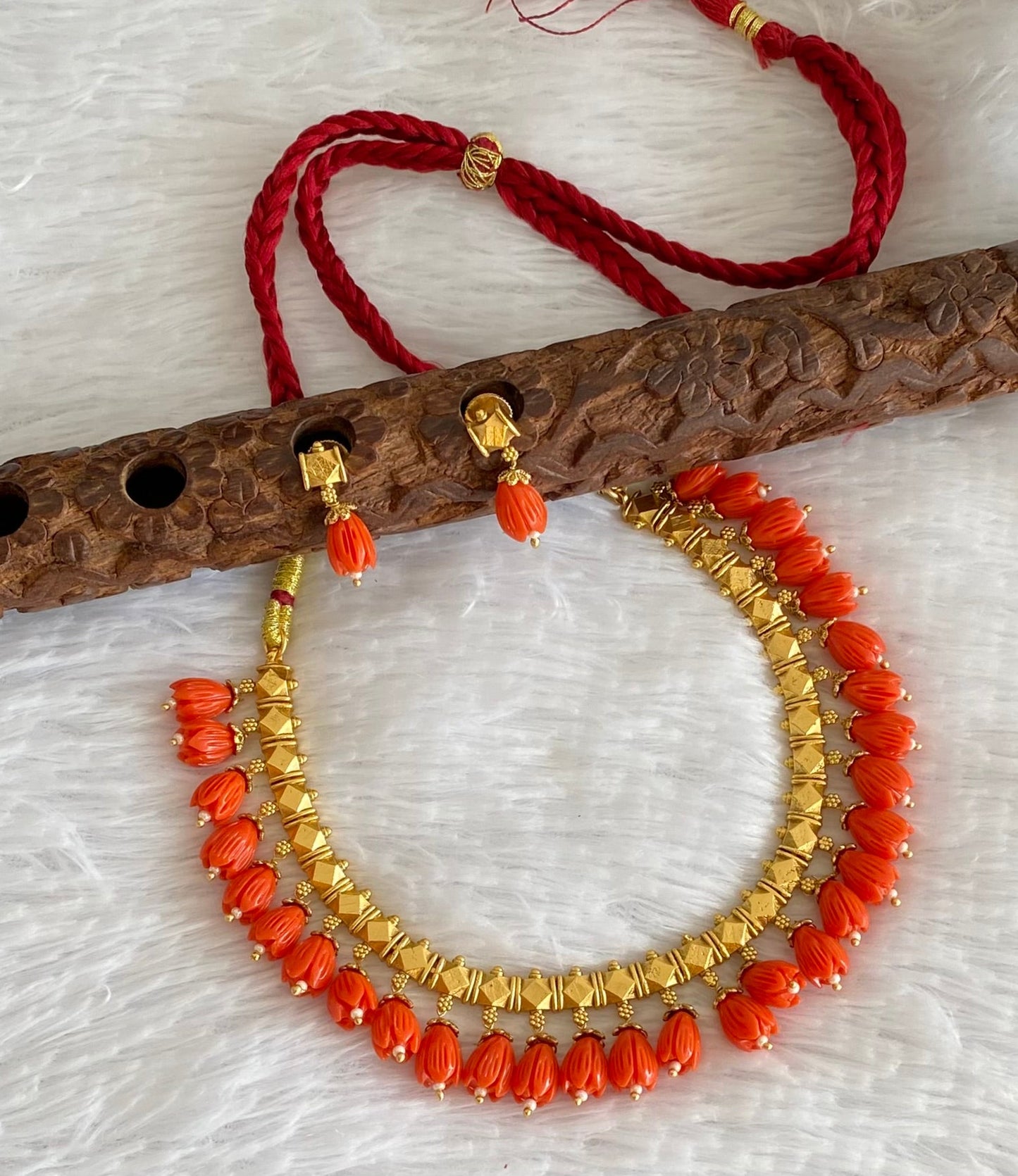 Antique gold tone red tulip beaded necklace set dj-54365
