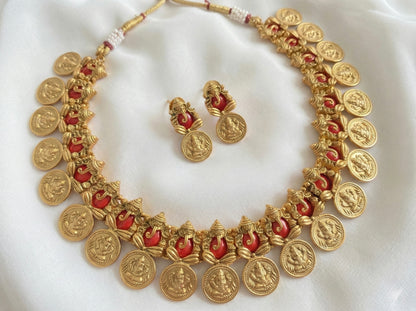 Matt Finsh Coral Ganesha Lakshmi Coin Necklace Set DJ31697