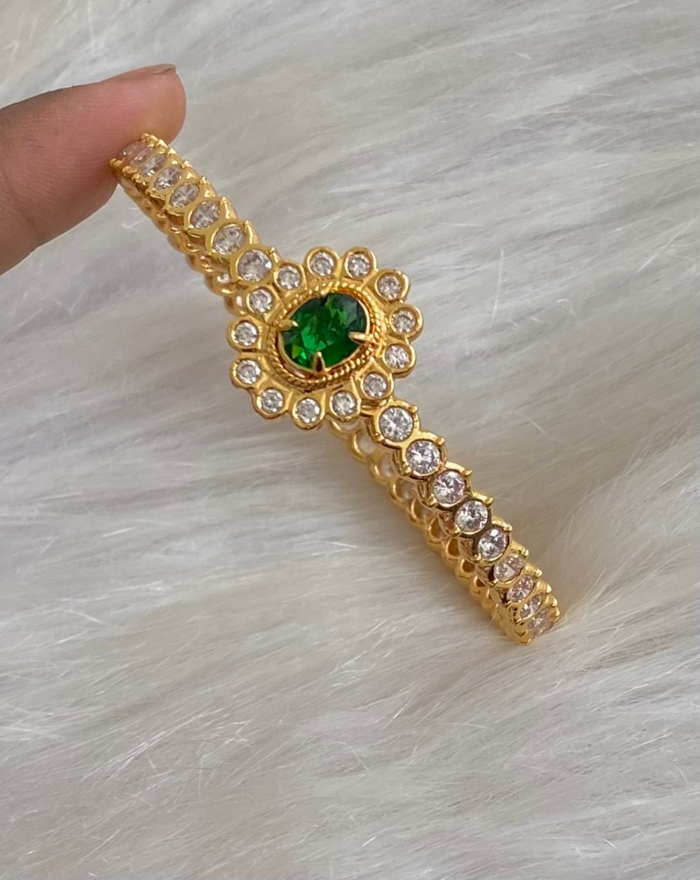 Gold tone AD white green stone diamond look alike bangle/kada(2.10) Dj-54873