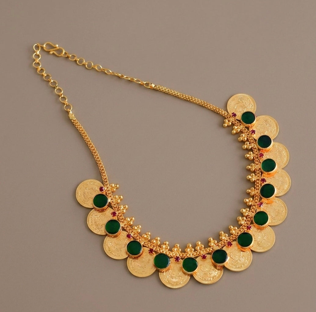 Gold tone kerala style pink-green round lakshmi coin necklace dj-53080