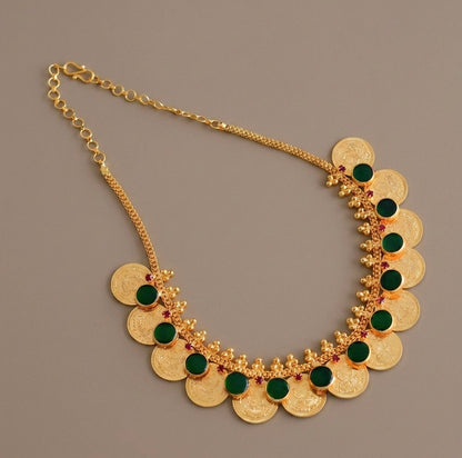 Gold tone kerala style pink-green round lakshmi coin necklace dj-53080