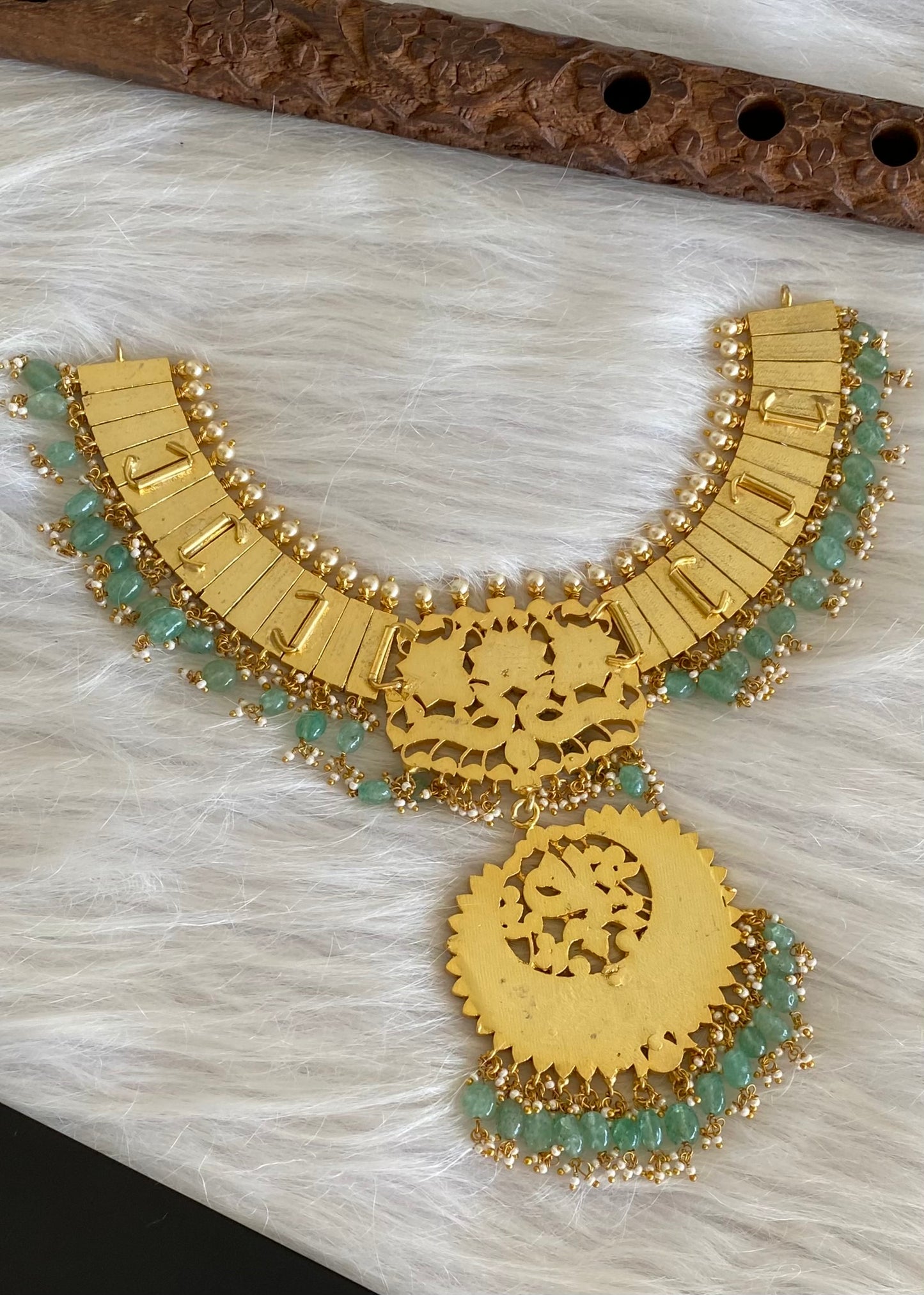 Antique gold tone peacock green beaded kundan jadau pearl necklace dj-54165