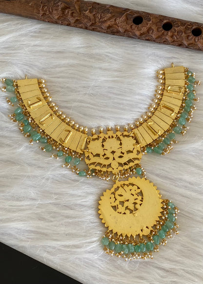 Antique gold tone peacock green beaded kundan jadau pearl necklace dj-54165
