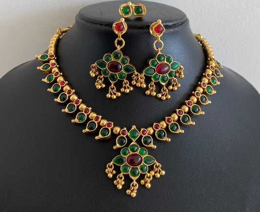 Antique gold tone kemp-green stone reversible mango necklace set dj-54086