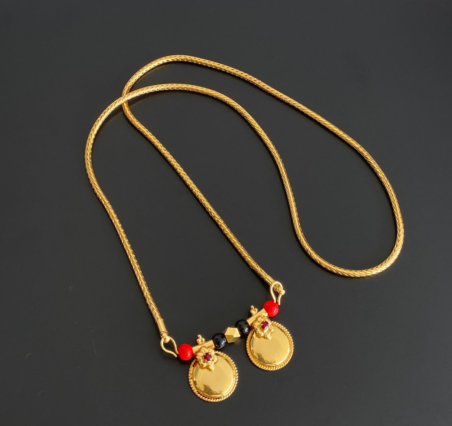 Gold tone 24 inches coral-black beads bottu mangalyam dj-54112