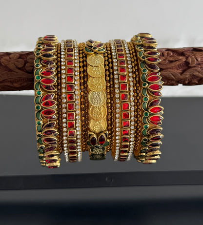 Gold tone silk thread red-green-white kundan lotus lakshmi coin bangles(2.6) dj-51339