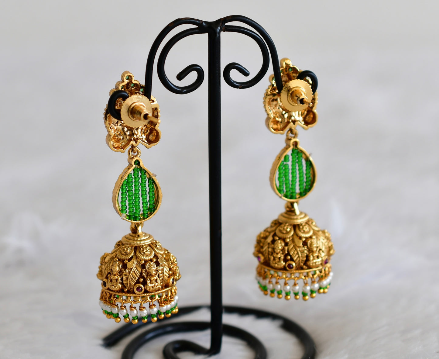 Antique gold tone green beaded pearl long Lakshmi jhumkka dj-52554