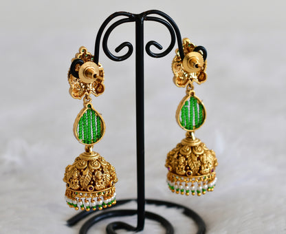 Antique gold tone green beaded pearl long Lakshmi jhumkka dj-52554