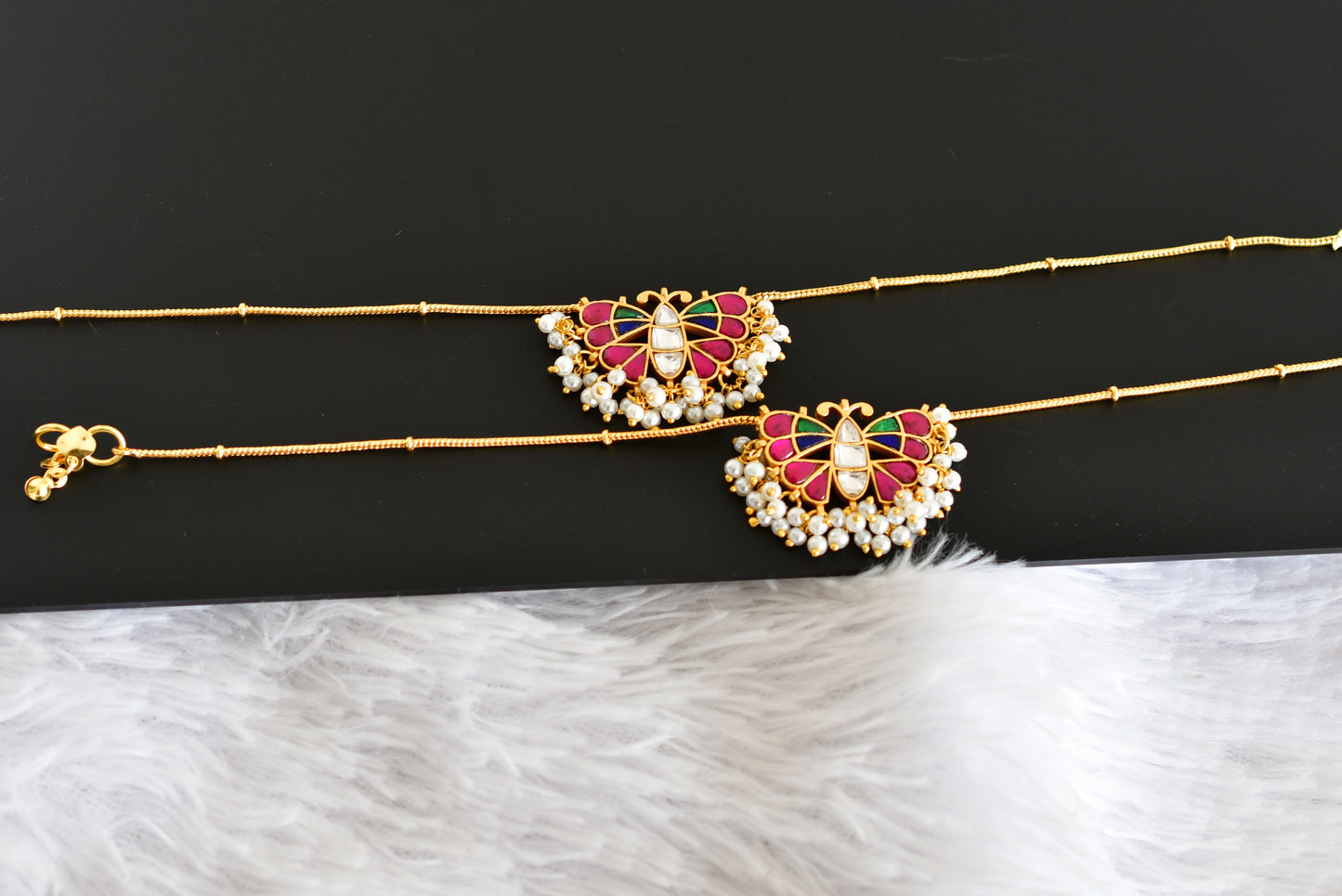 Gold tone pink-green-blue butterfly kundan jadau anklets dj-52389