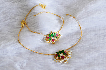 Gold tone pink-white-green lotus kundan jadau anklets dj-52400