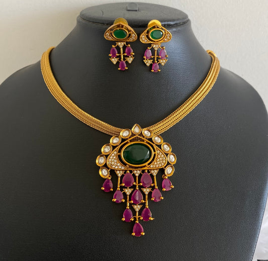 Matte finish ruby-green-white stone choker/necklace set dj-54022
