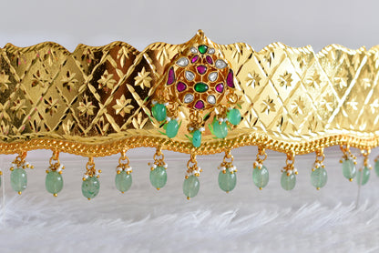 Gold tone pink-green-white kundan jadau flower waist band dj-52185