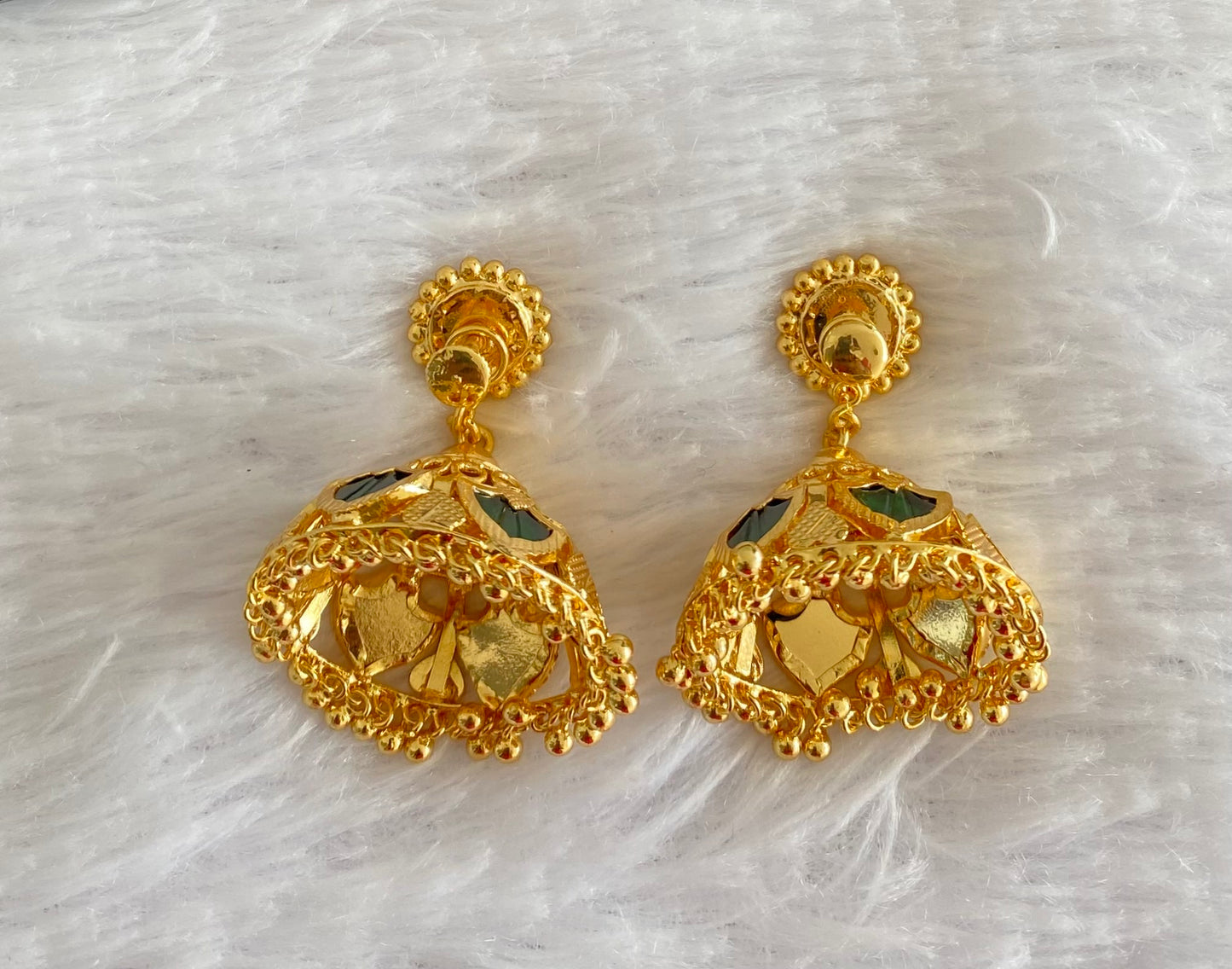 Gold tone kerala style green 6 petals of palakka jhumkka dj-53134