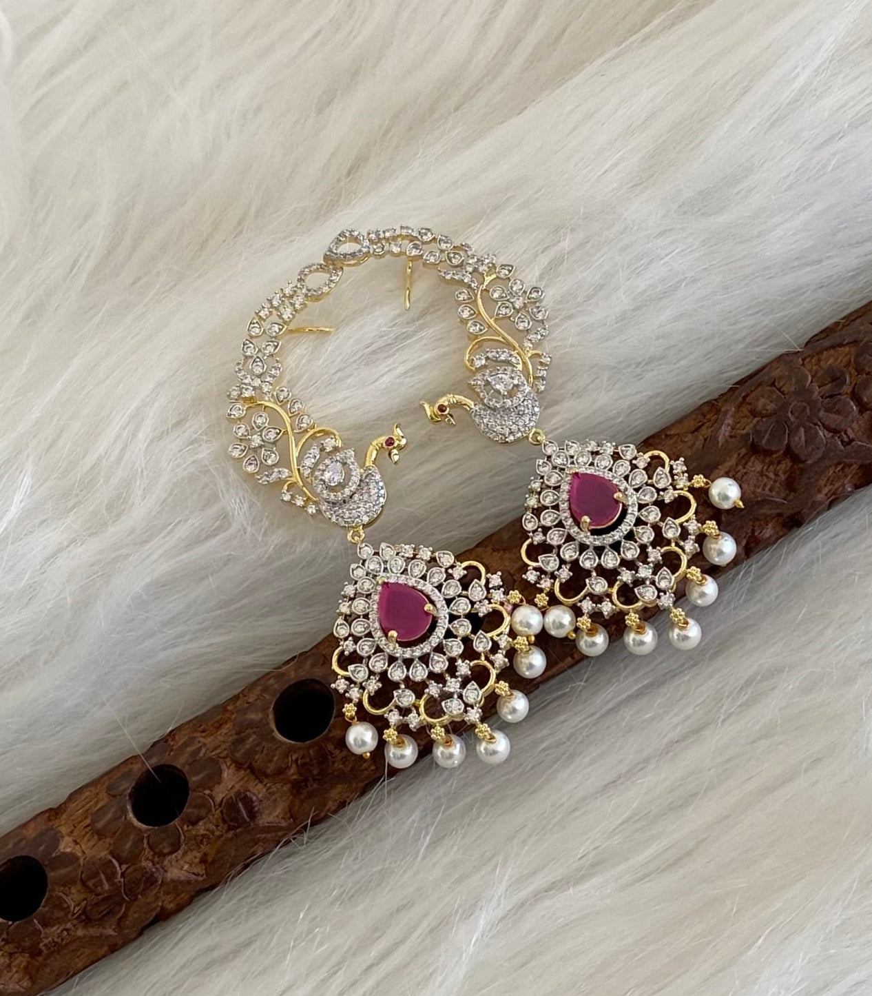 Two tone white-ruby stone pearl peacock khanpool earrings dj-54654