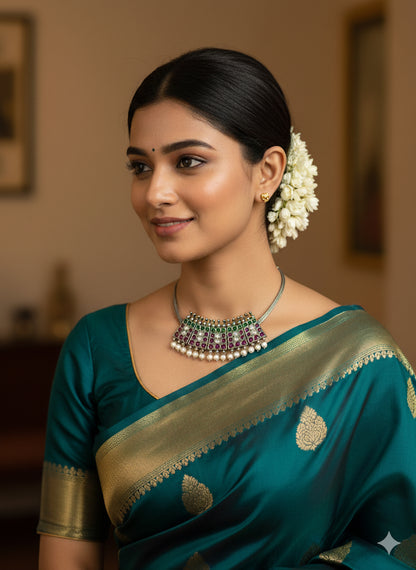 Black finish precious kemp-green pearl poothali necklace dj-52278