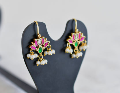 Gold tone pink-green kundan jadau lotus bugadi earrings dj-52469
