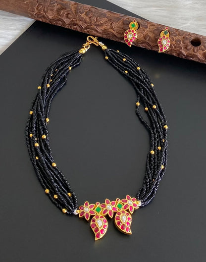 Antique gold tone pink-green-white kundan jadau mango 18 inch mangalsutra set dj-54177
