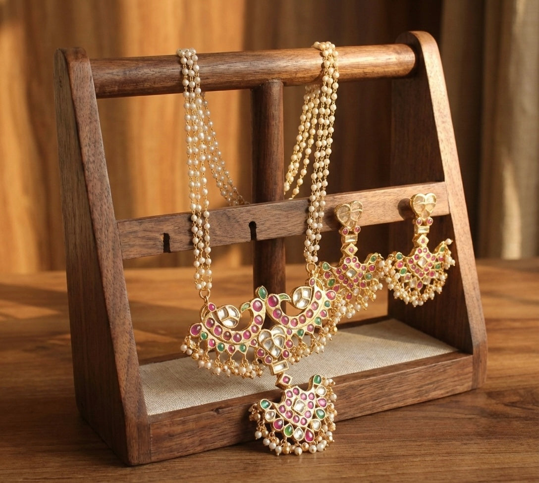 Gold tone uncut polki pearl peacock necklace set DJ22891
