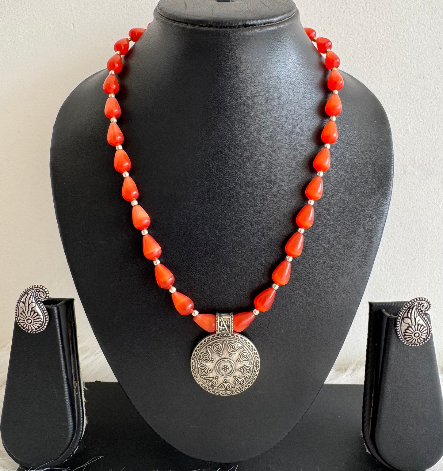 Silver Tone Orange Moonlight beaded Necklace Set Dj-51333