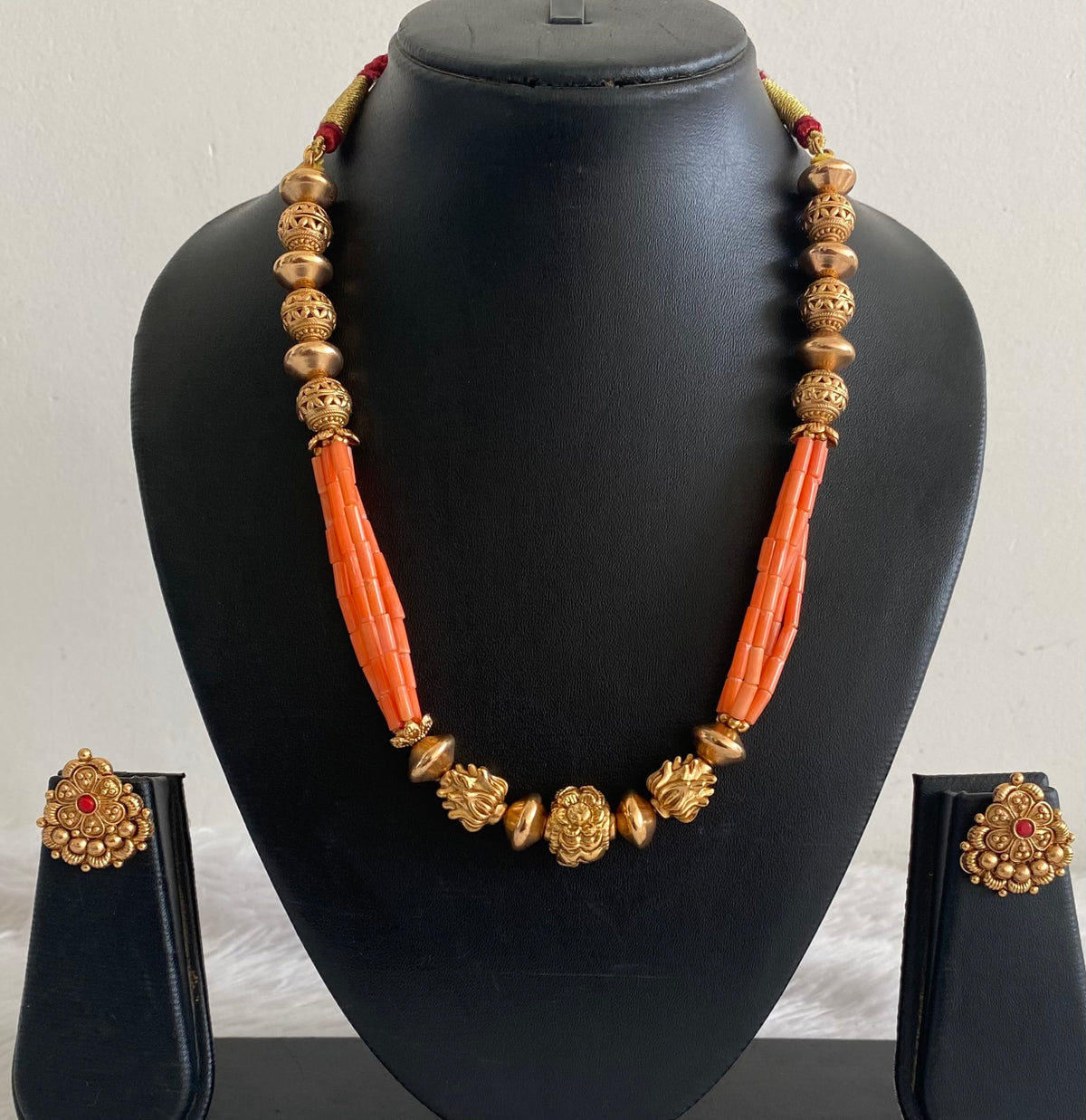 Antique gold tone coral nakshi beaded necklace set dj-54964