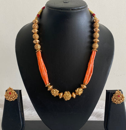 Antique gold tone coral nakshi beaded necklace set dj-54964
