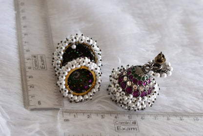 Black finish precious kemp-green-white stone pearl big step jhumkka dj-51770