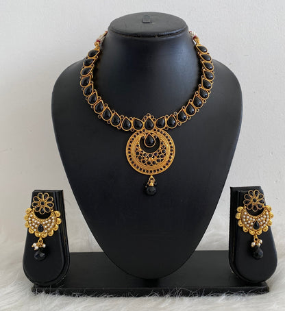 Antique gold tone black beaded pearl necklace set dj-54558