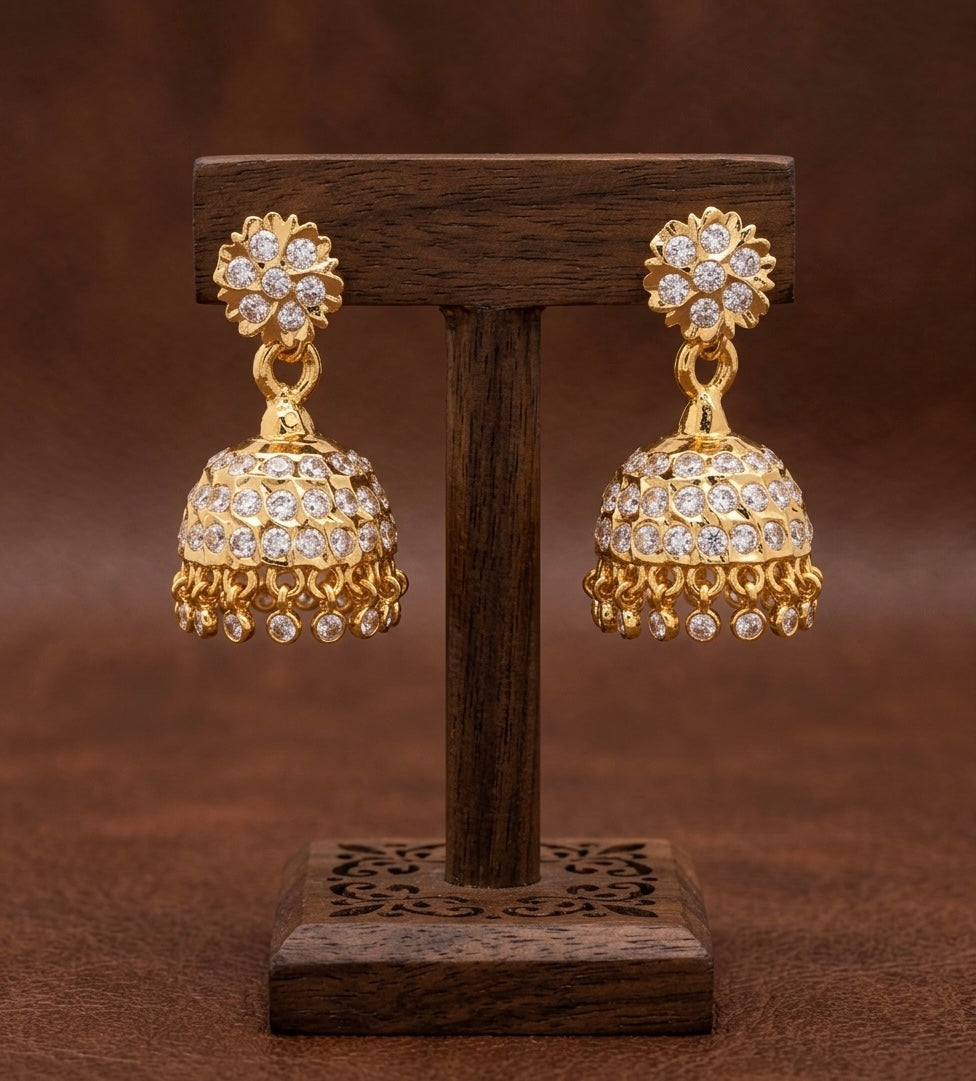 Gold tone south indian style AD white jhumkka dj-53864