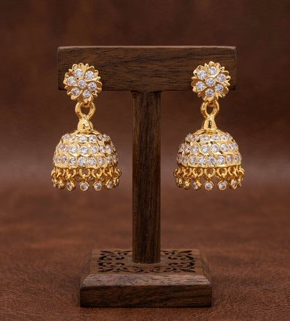 Gold tone south indian style AD white jhumkka dj-53864