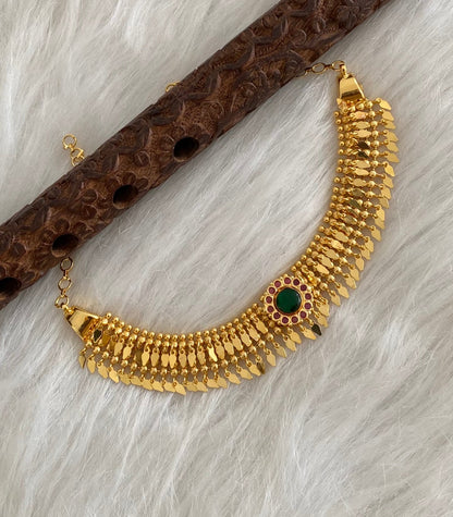 Gold tone kerala style elakka pink-green stone choker necklace dj-54105