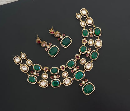 Antique gold tone green-pink-white necklace set dj-54800