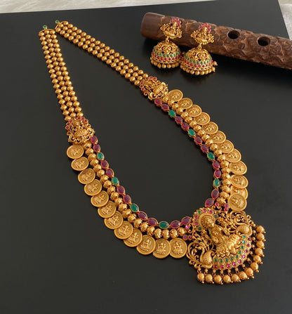 Matte finish kemp-green lakshmi coin haar set dj-54997