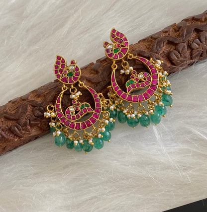 Gold tone pink-green stone peacock kundan jadau bali earrings dj-54592
